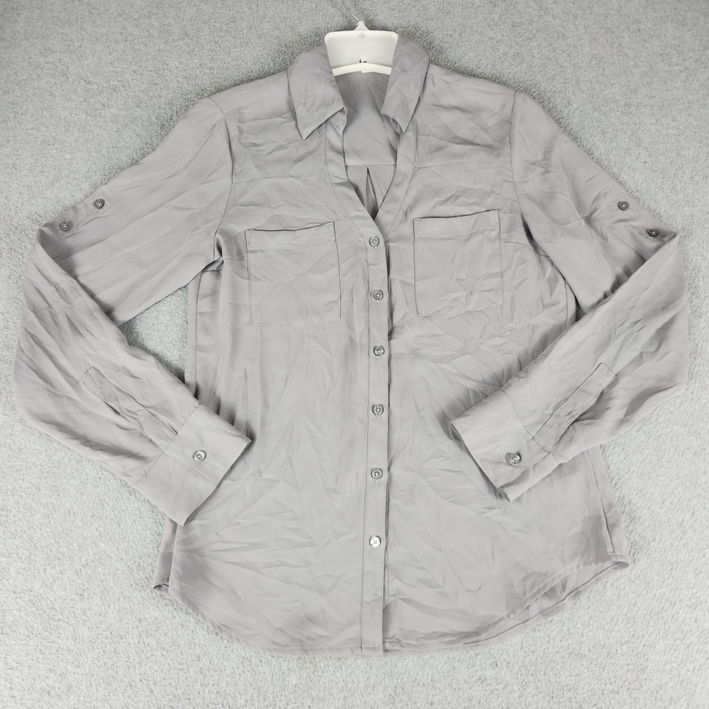 Express The Portofino Shirt Womens XS Gray Roll Tab Sleeve Collared Button Up